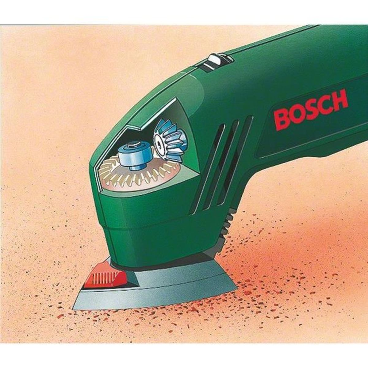 Ponceuse Bosch verte. Le mécanisme interne est visible. Bouton rouge en bas.
