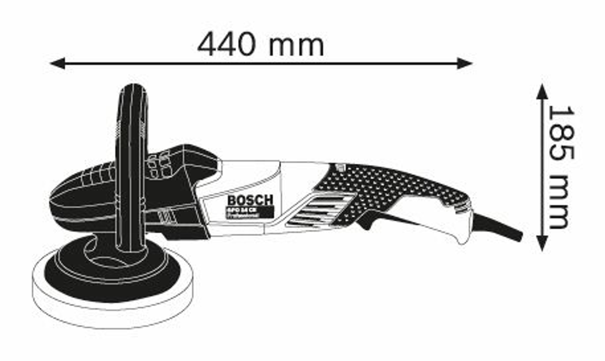 Dibujo técnico de una pulidora con dimensiones: 440mm de largo y 185mm de alto.