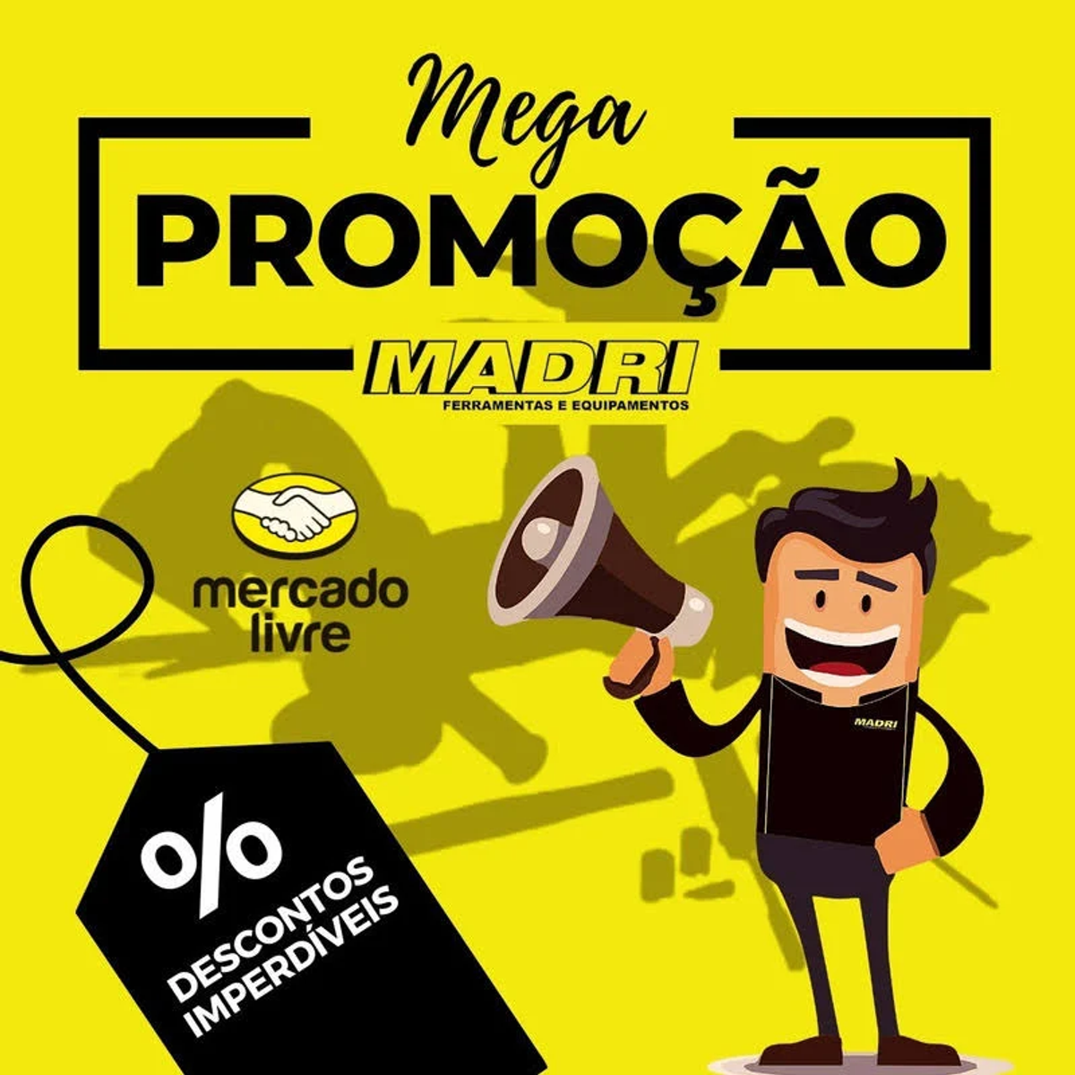 Gráfico promocional amarillo con un personaje de dibujos animados sosteniendo un megáfono. Fondo negro.