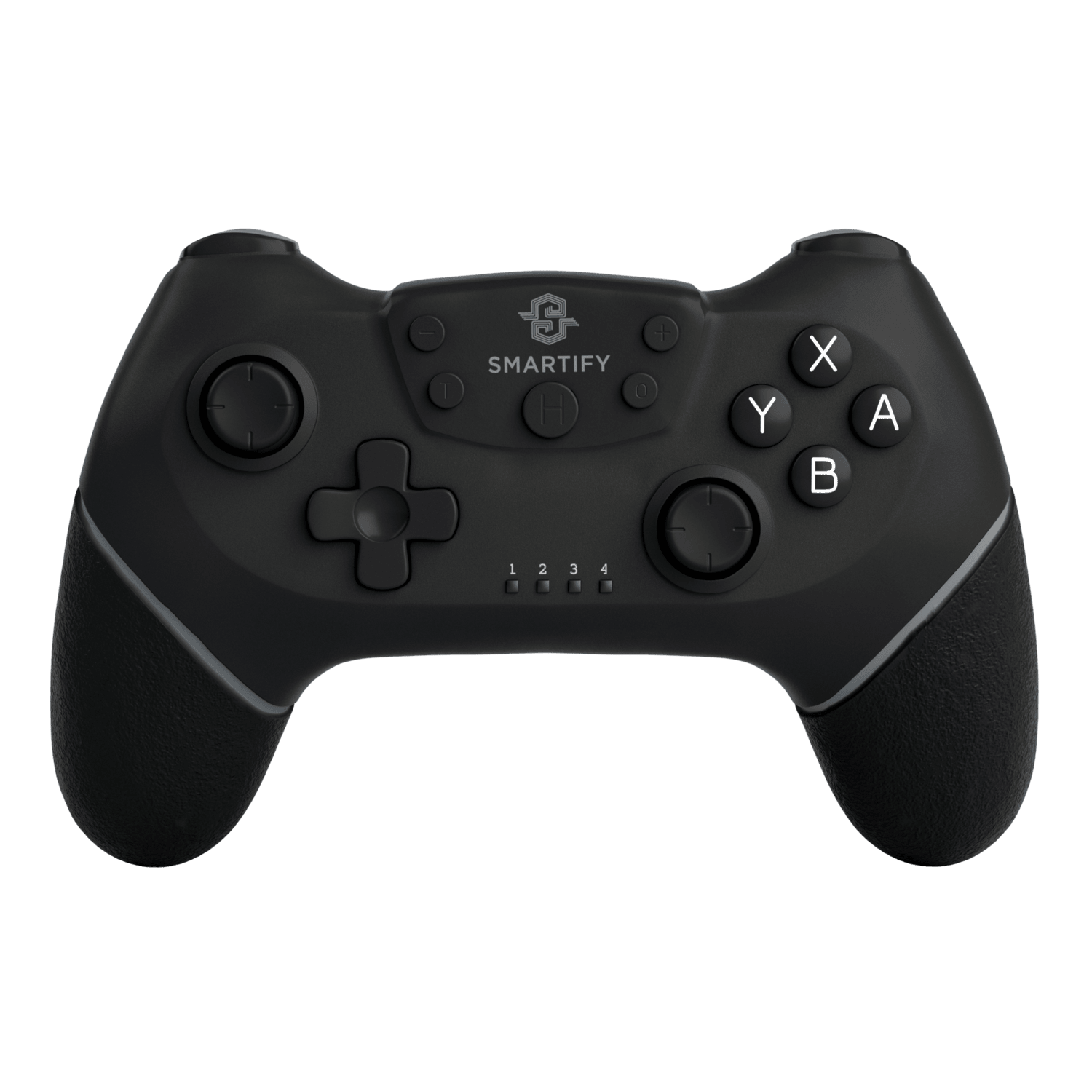 Schwarzer Smartify-Controller mit Knöpfen und Thumbsticks auf schwarzem Hintergrund.