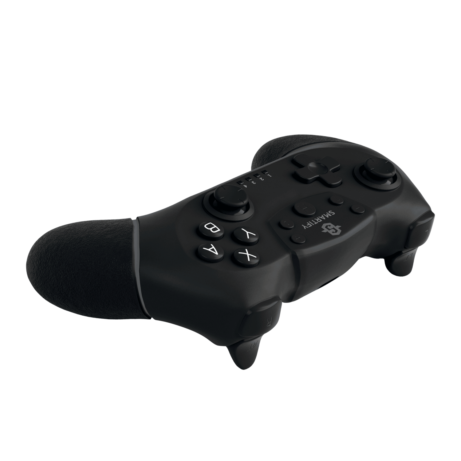 Schwarzer Gamecontroller mit Knöpfen und einem Joystick.
