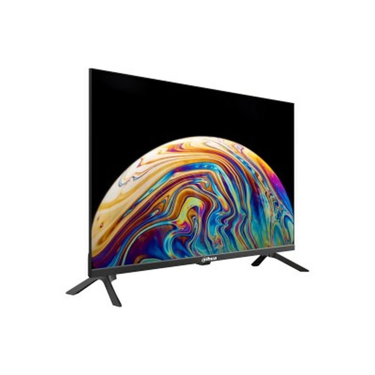 Una TV con schermo colorato, su una superficie bianca.