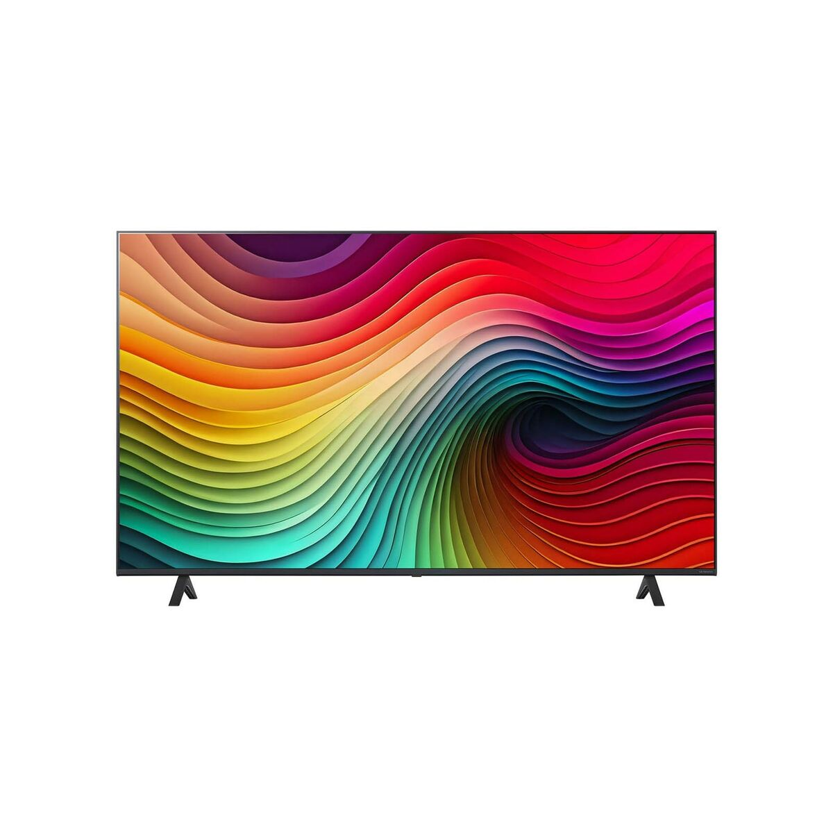 Un grande televisore mostra un motivo colorato e curvo. Gambe nere supportano lo schermo.