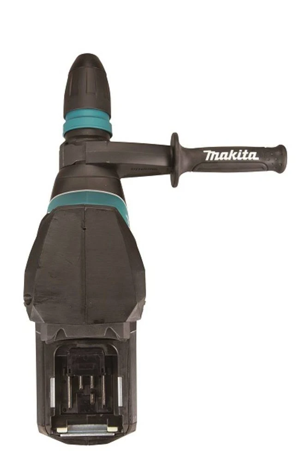 Un martillo rotatorio inalámbrico Makita negro, vista superior, aislado sobre fondo blanco.