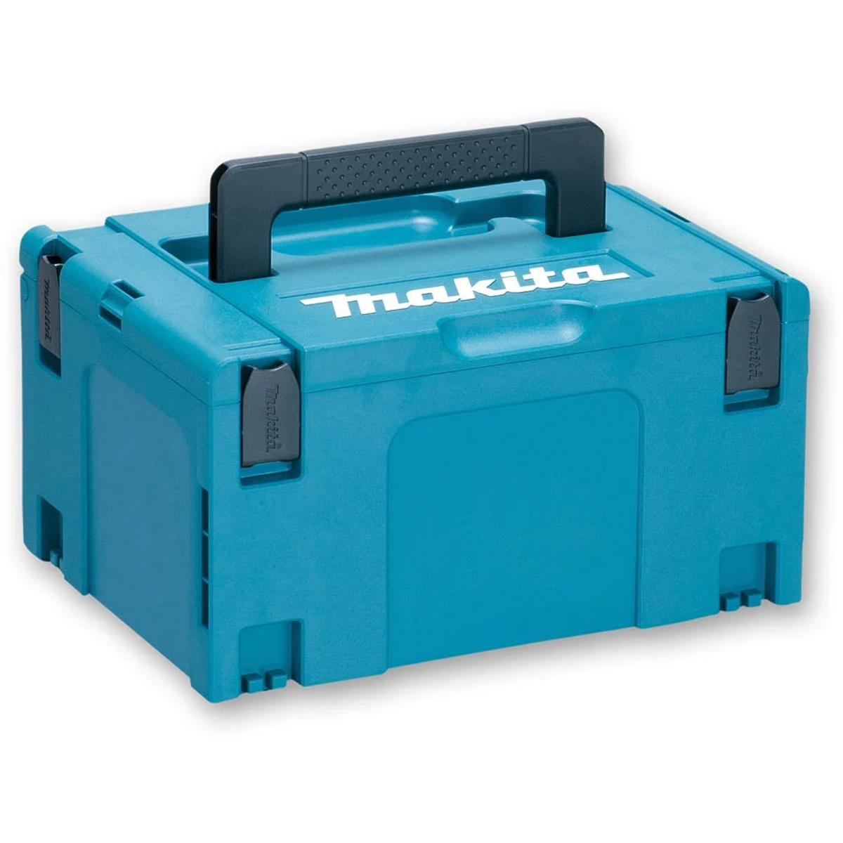 Una caja de herramientas Makita turquesa con asa negra, cerrada, sobre fondo blanco.