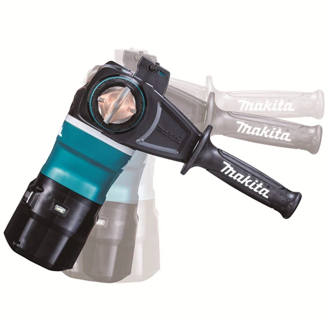 Llave de impacto de ángulo recto Makita, con múltiples mangos visibles. Fondo blanco.