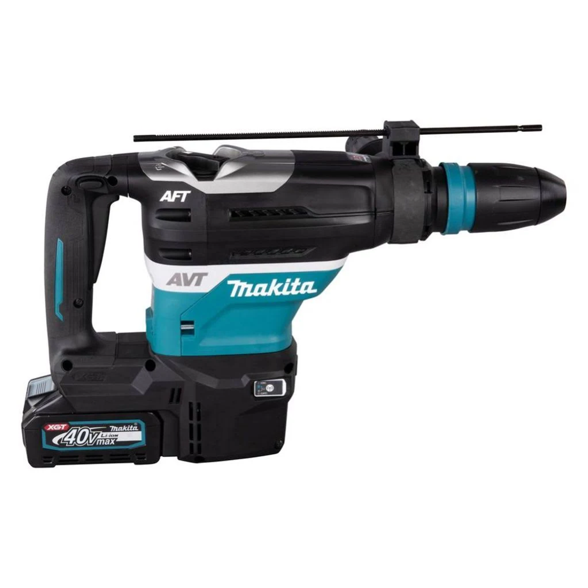 Un martillo perforador Makita 40V max, negro y verde azulado. Batería adjunta.