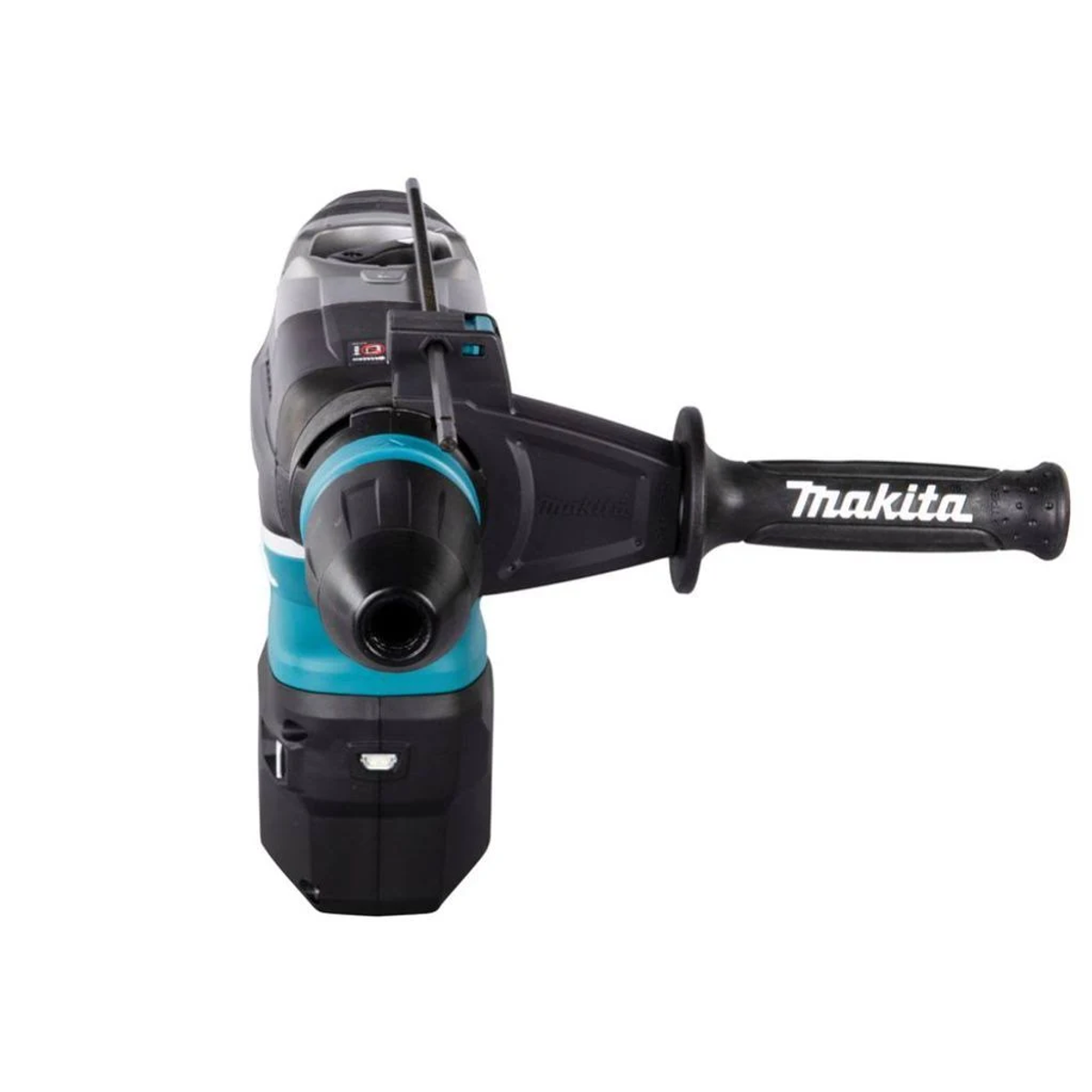Martillo rotativo Makita negro y turquesa. Tiene un mango y una broca.