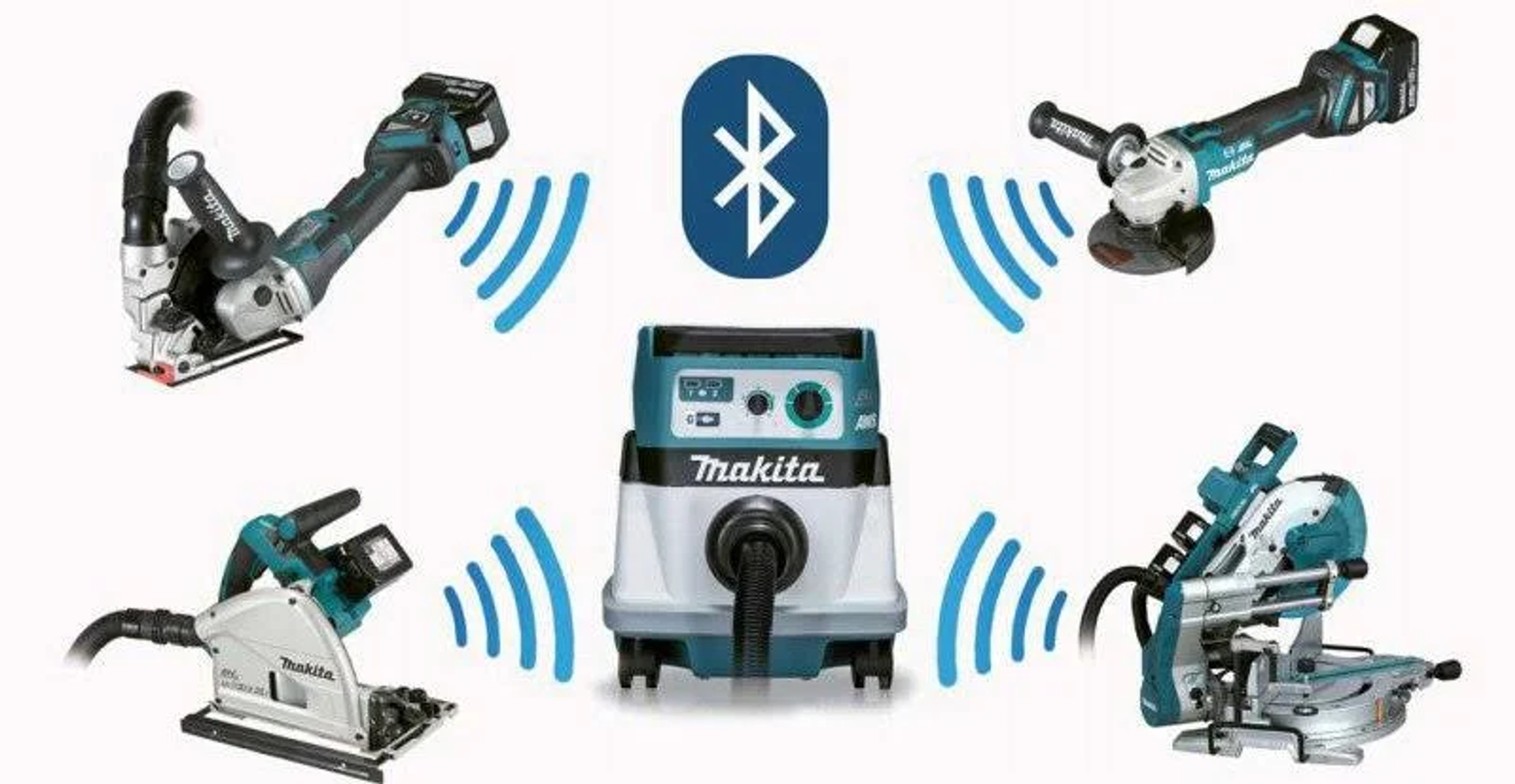 Varias herramientas eléctricas Makita comunicándose por Bluetooth, con una aspiradora.