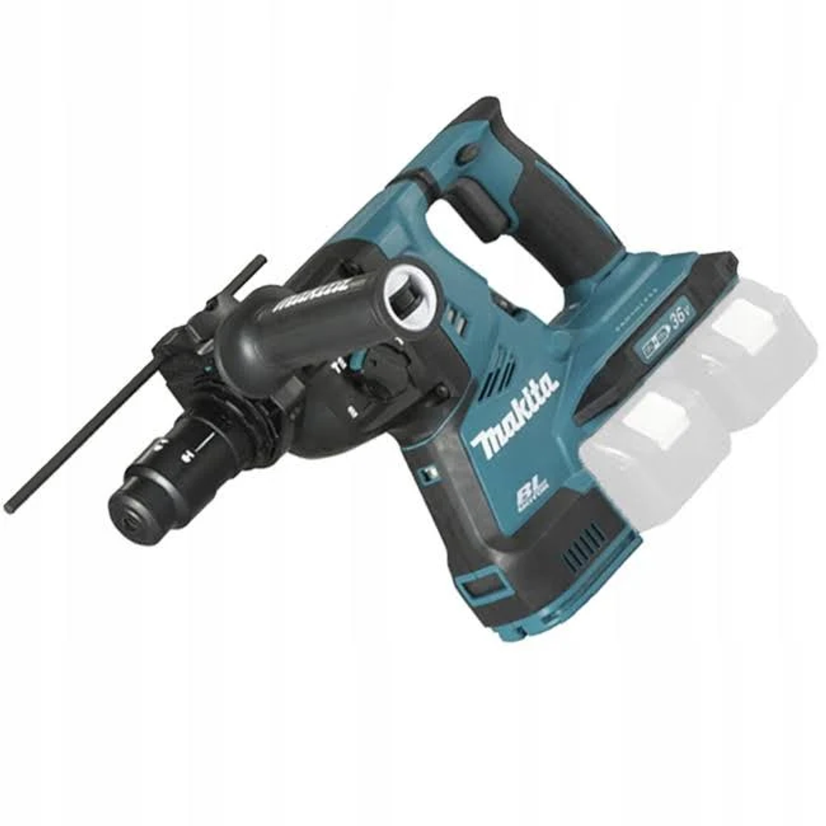 Taladro percutor rotativo Makita azul y negro, vista en ángulo, con batería acoplada.