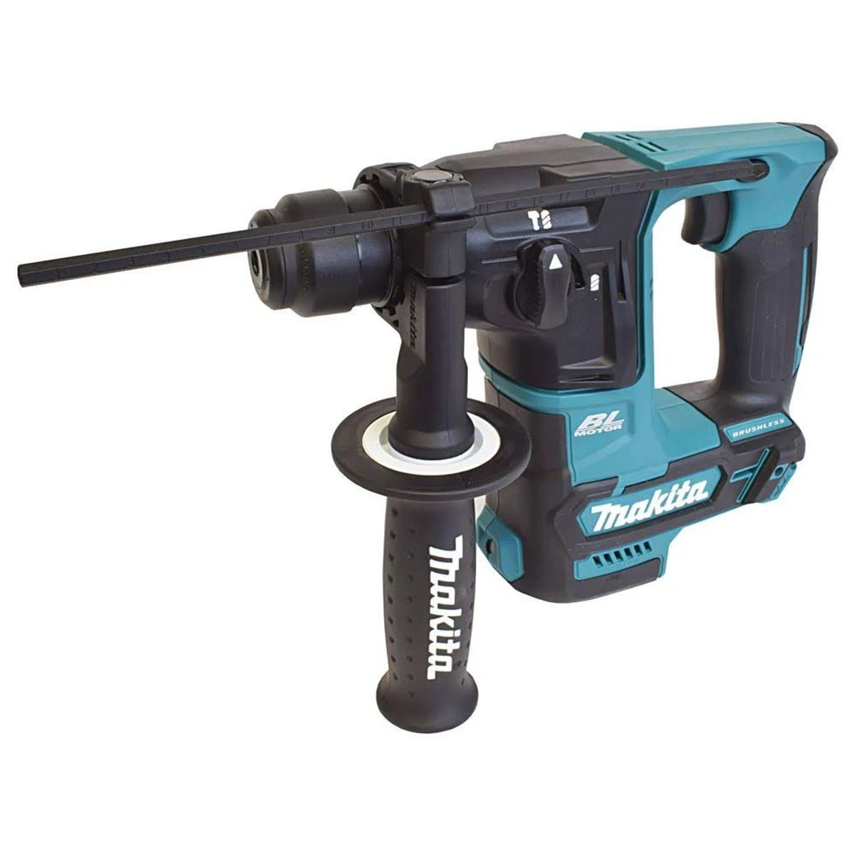 Un taladro percutor Makita turquesa y negro con mango negro y empuñadura.