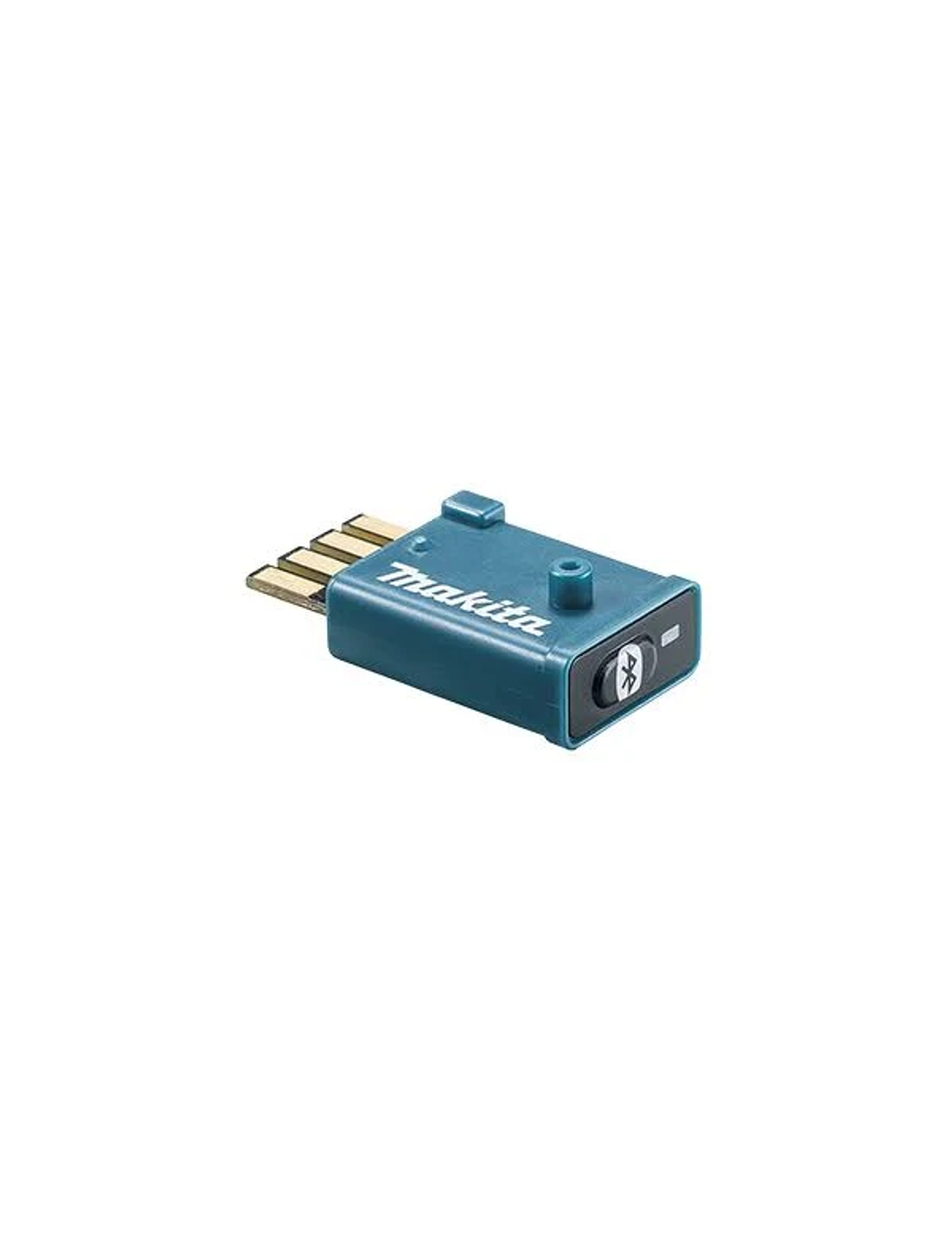 Un adaptador USB Bluetooth Makita, color verde azulado. Está enchufado a un puerto USB, con un símbolo de Bluetooth.