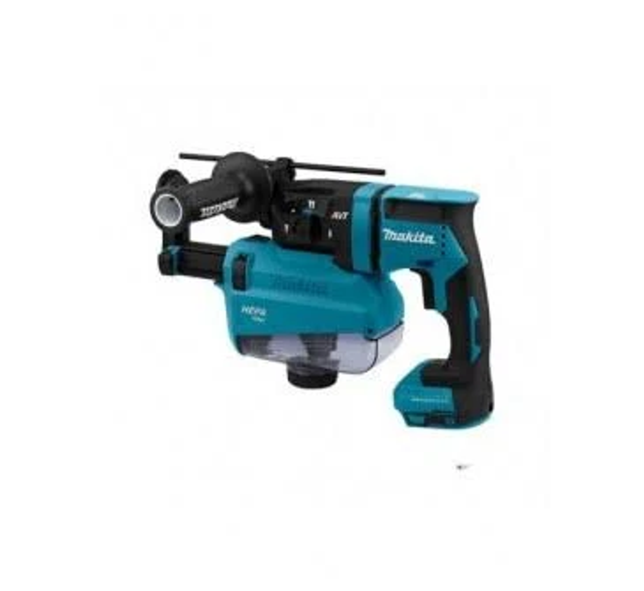 Martillo perforador Makita con filtro HEPA. Es azul y negro. La herramienta está sobre un fondo blanco.