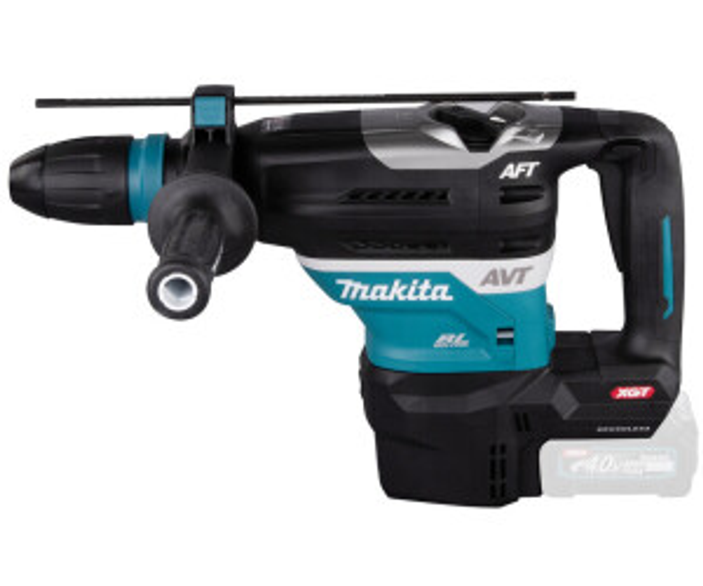 Taladro percutor Makita negro y turquesa con batería y mango.