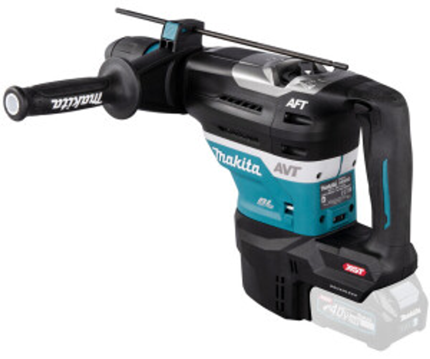 Taladro Makita negro y verde azulado con batería. Con mango y el logotipo de Makita.
