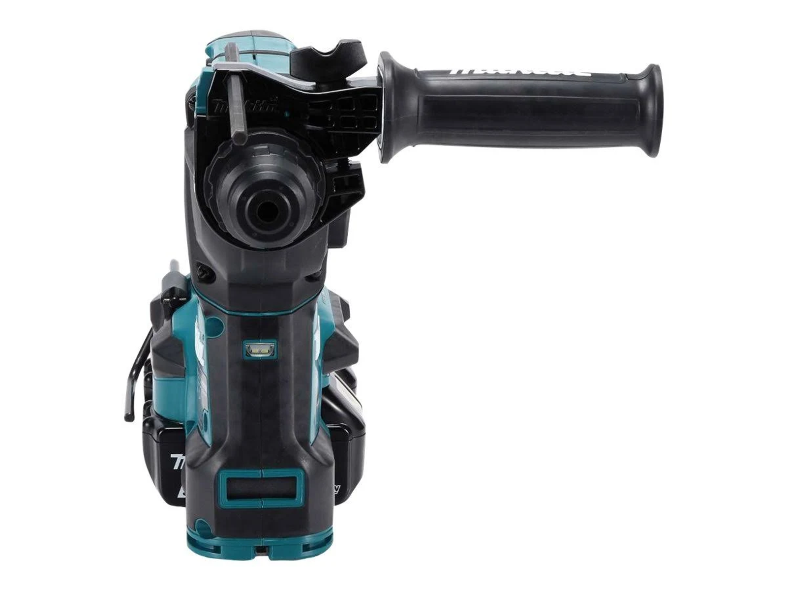 Taladro percutor rotativo inalámbrico Makita sobre fondo blanco. Combinación de colores azul y negro.