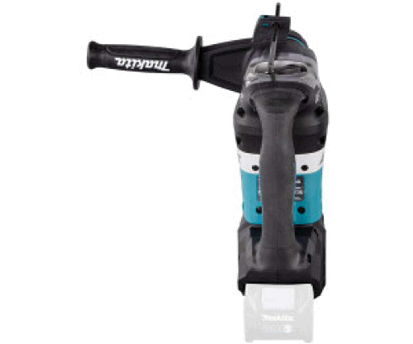 Taladro percutor Makita negro y verde azulado. El taladro tiene un mango y una batería en la parte inferior.