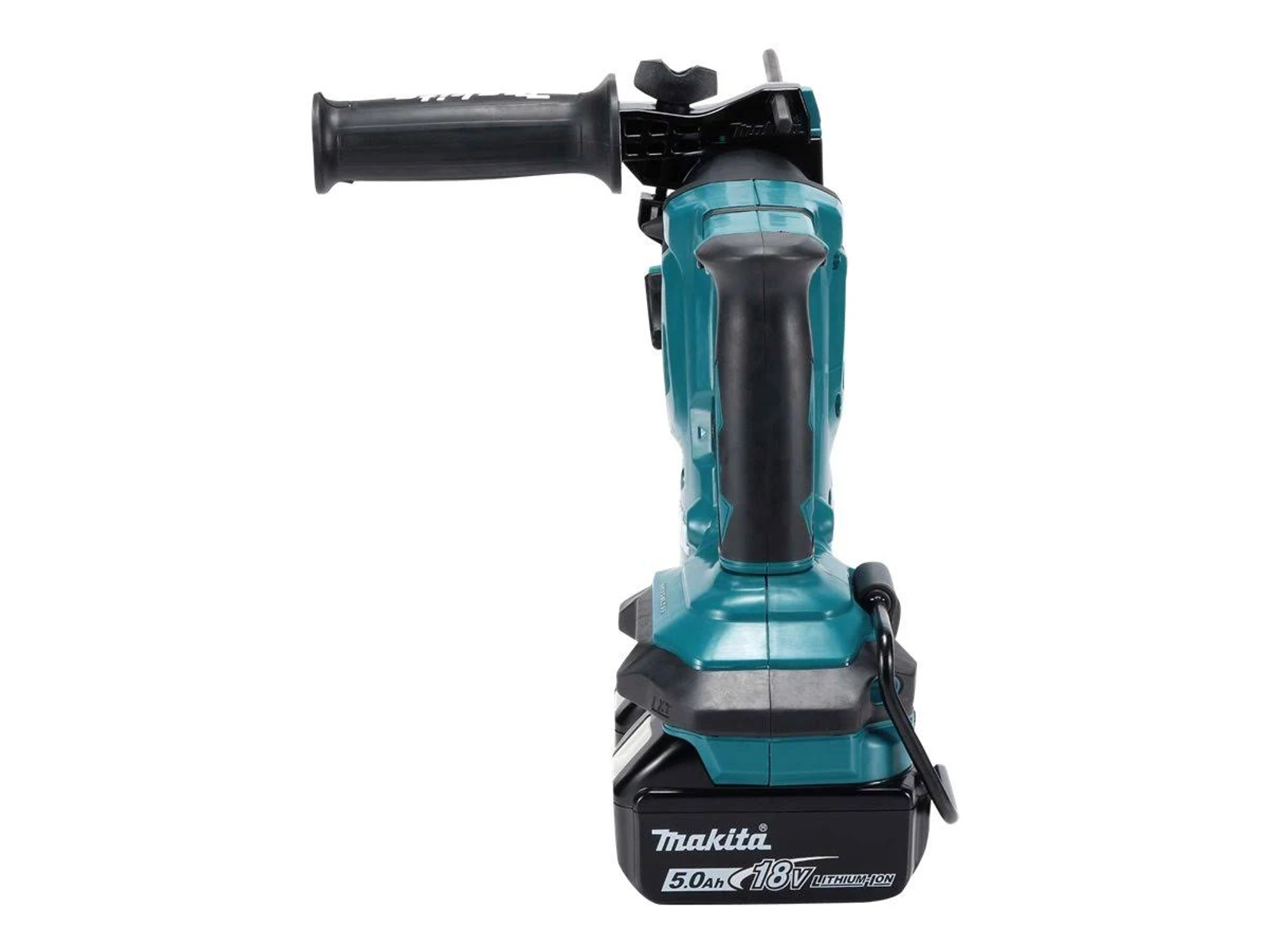 Un taladro Makita negro y verde azulado con un mango negro y una batería adjunta. El fondo es blanco.