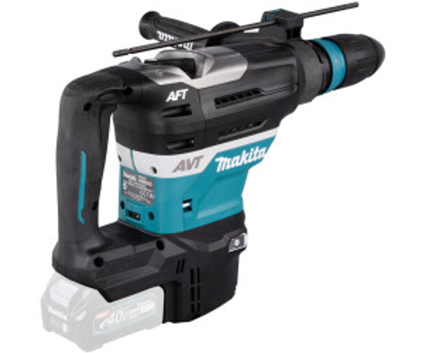 Un martillo rotativo Makita, negro y turquesa, con una batería adjunta.