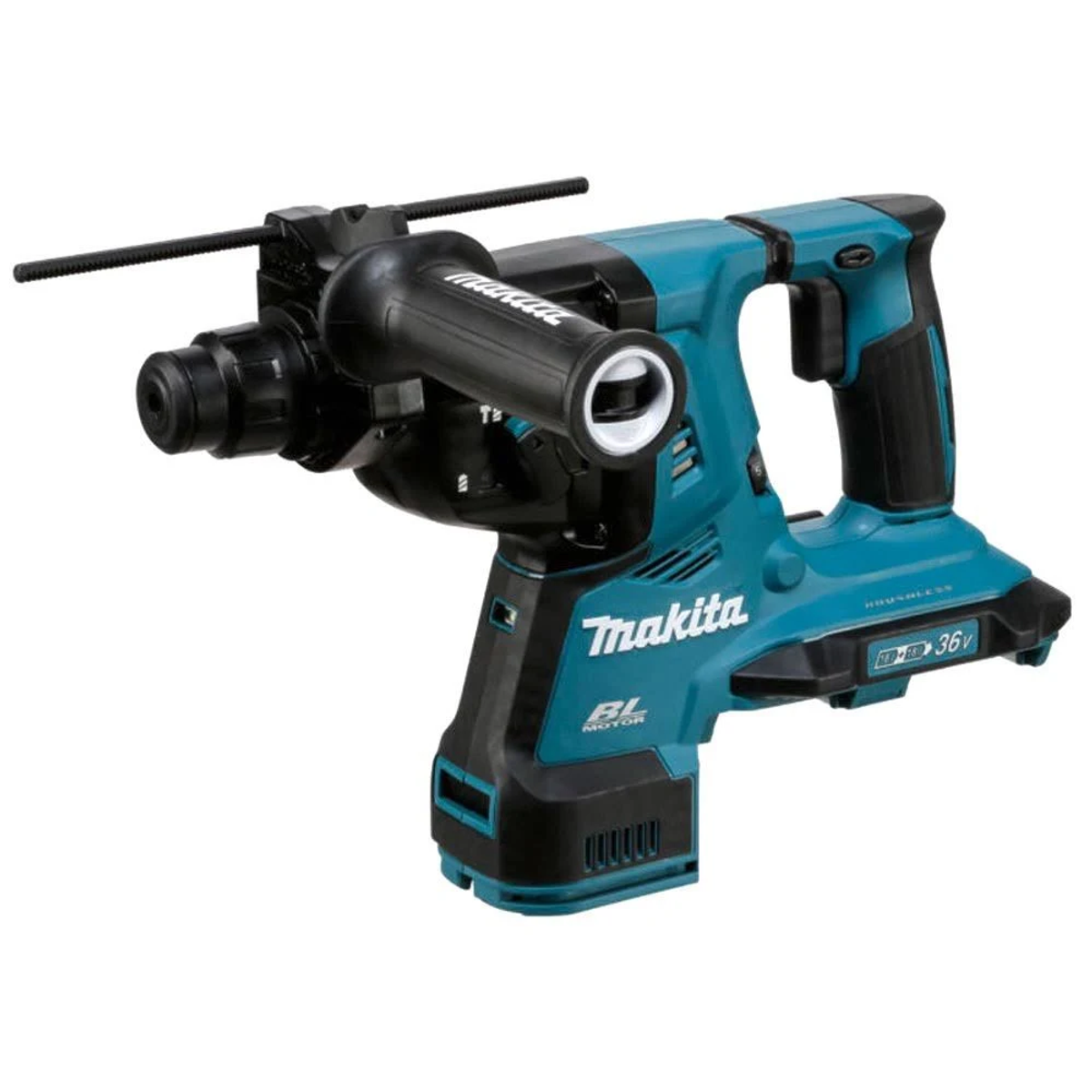 Taladro percutor rotativo inalámbrico Makita, turquesa y negro, con mango y batería.