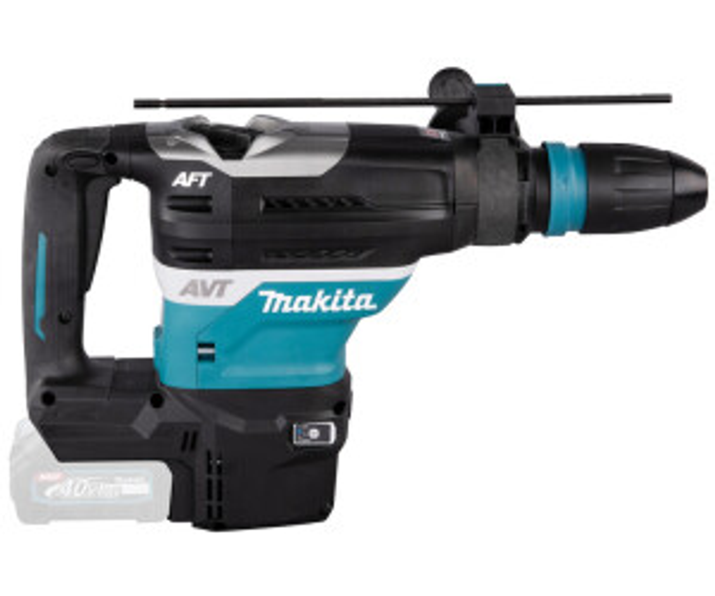 Martillo rotativo Makita negro y turquesa con batería.