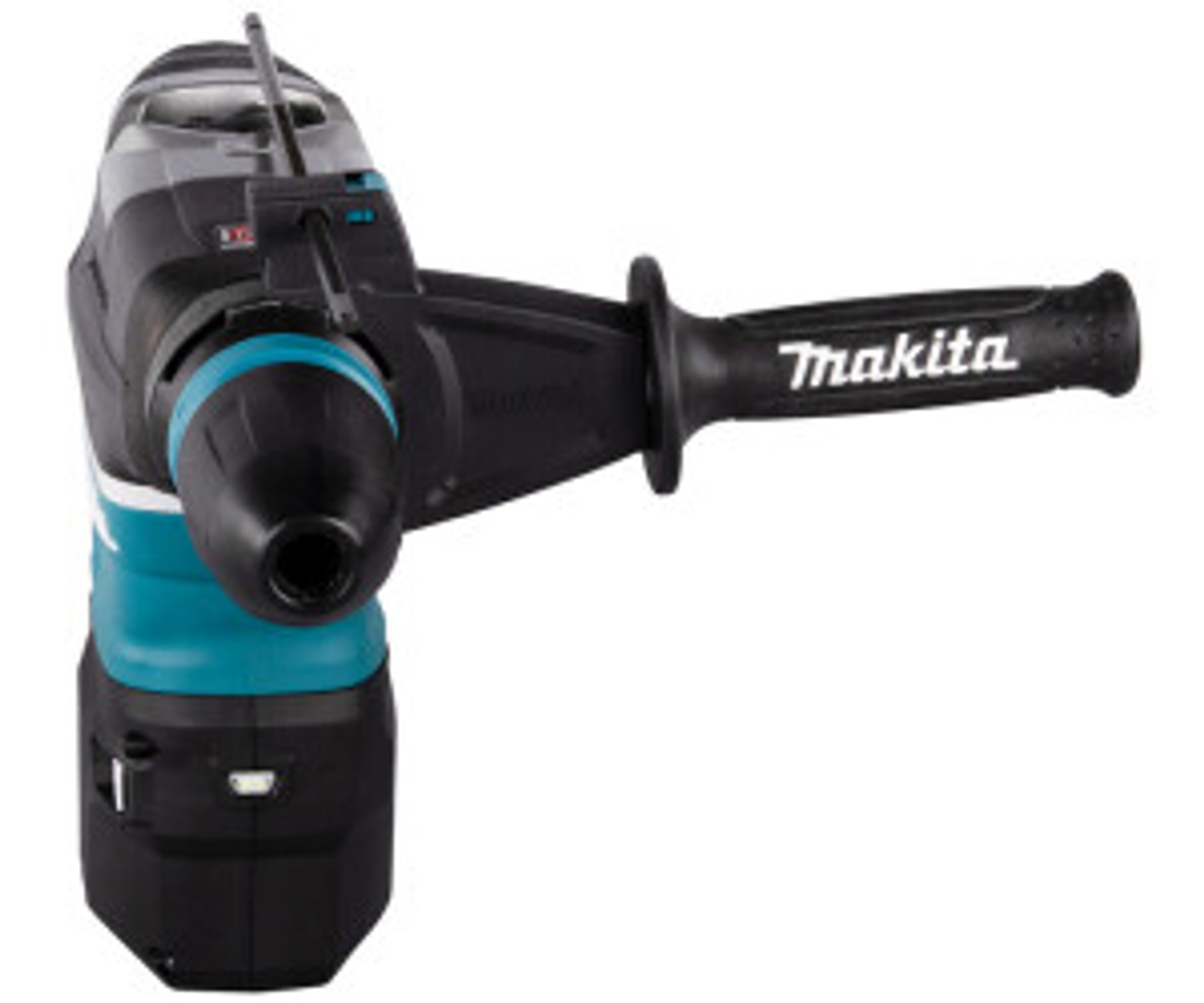Taladro percutor inalámbrico Makita con detalles turquesa y mango negro. Tiene un cuerpo negro y turquesa.
