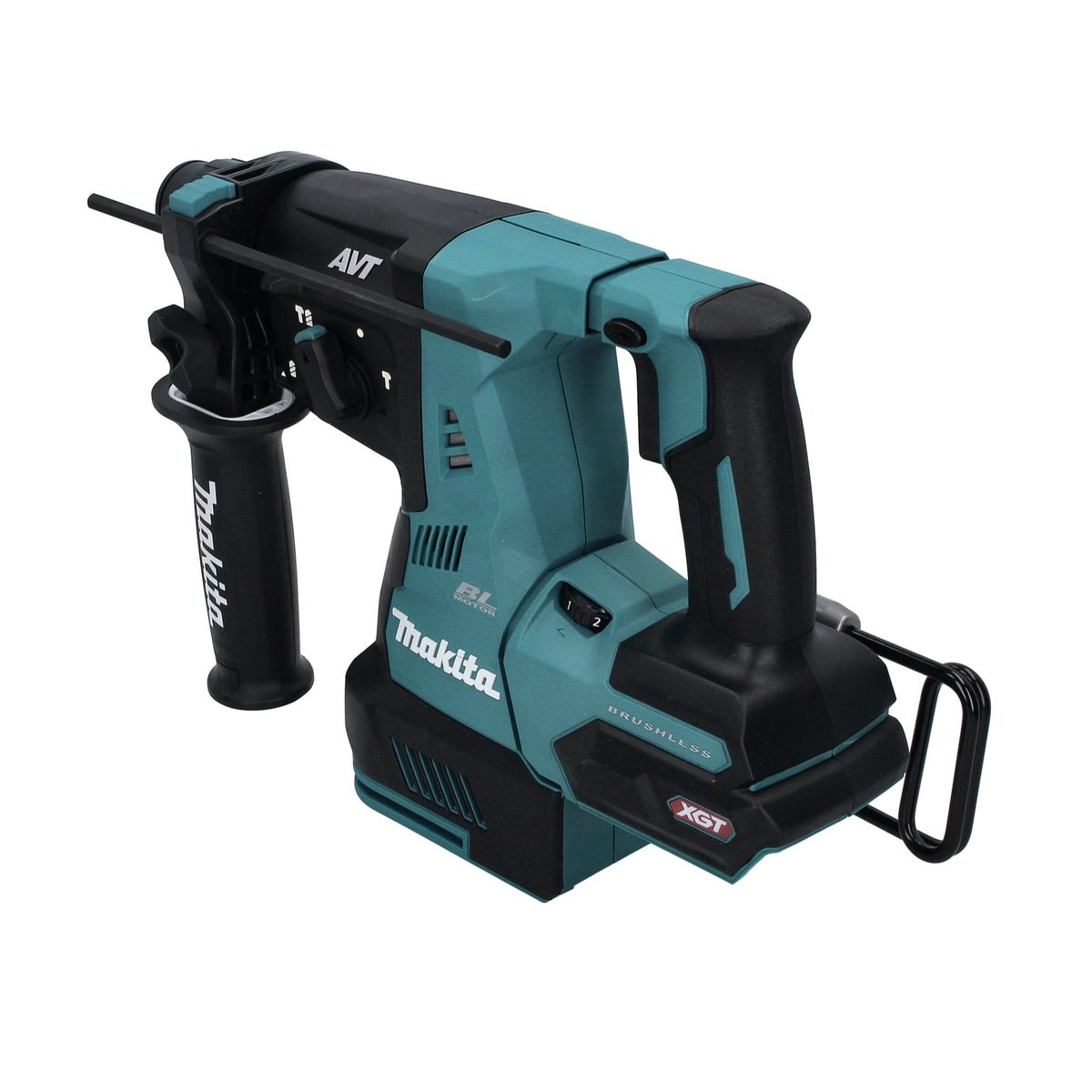 Martillo perforador Makita azul y negro sobre fondo blanco, con mango en ángulo.