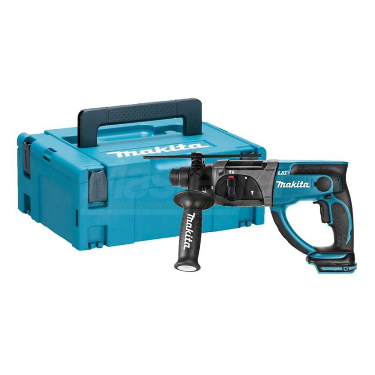 Taladro Makita azul y negro con una caja azul. El taladro está a la derecha.