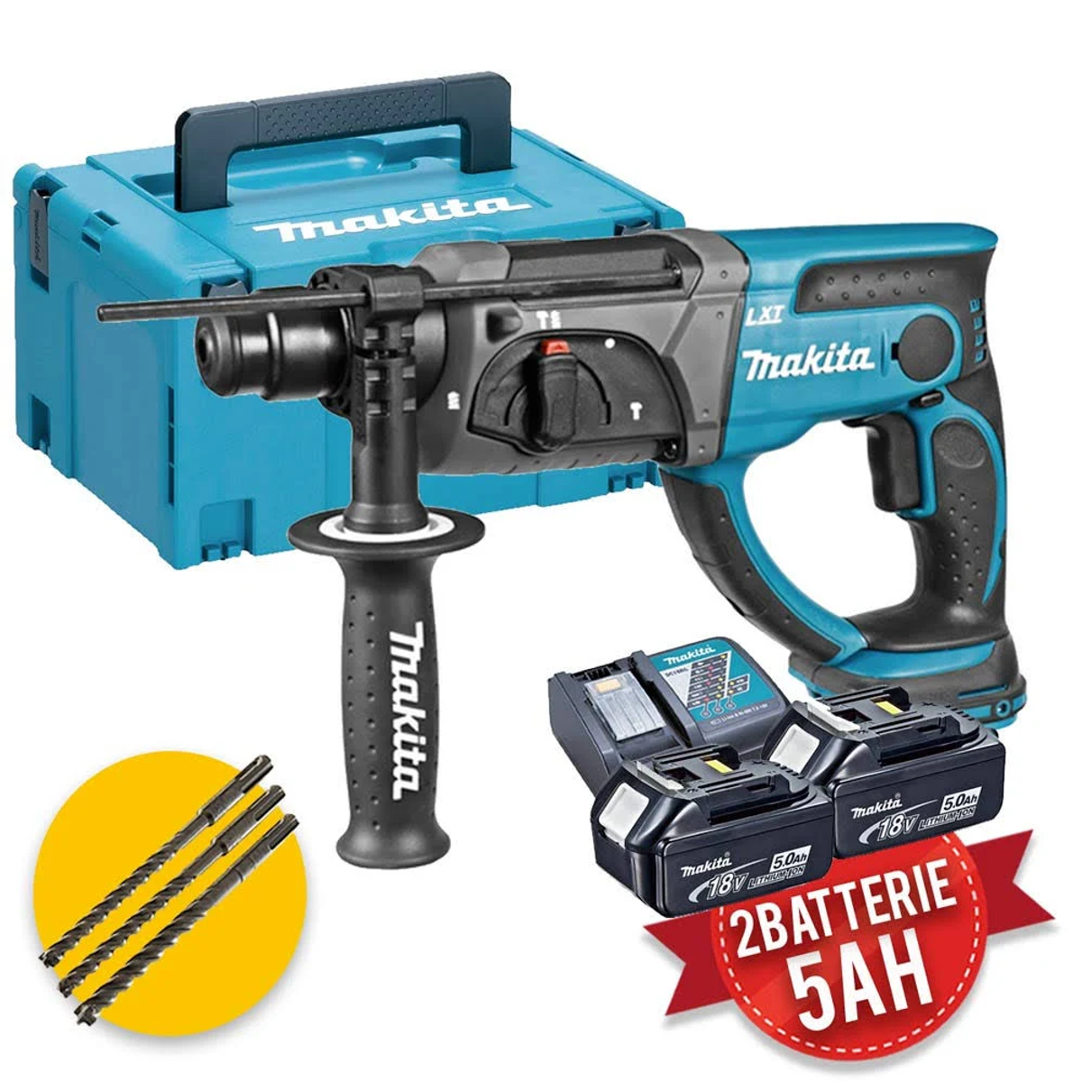 Un taladro Makita verde azulado con baterías, brocas y un estuche verde azulado.