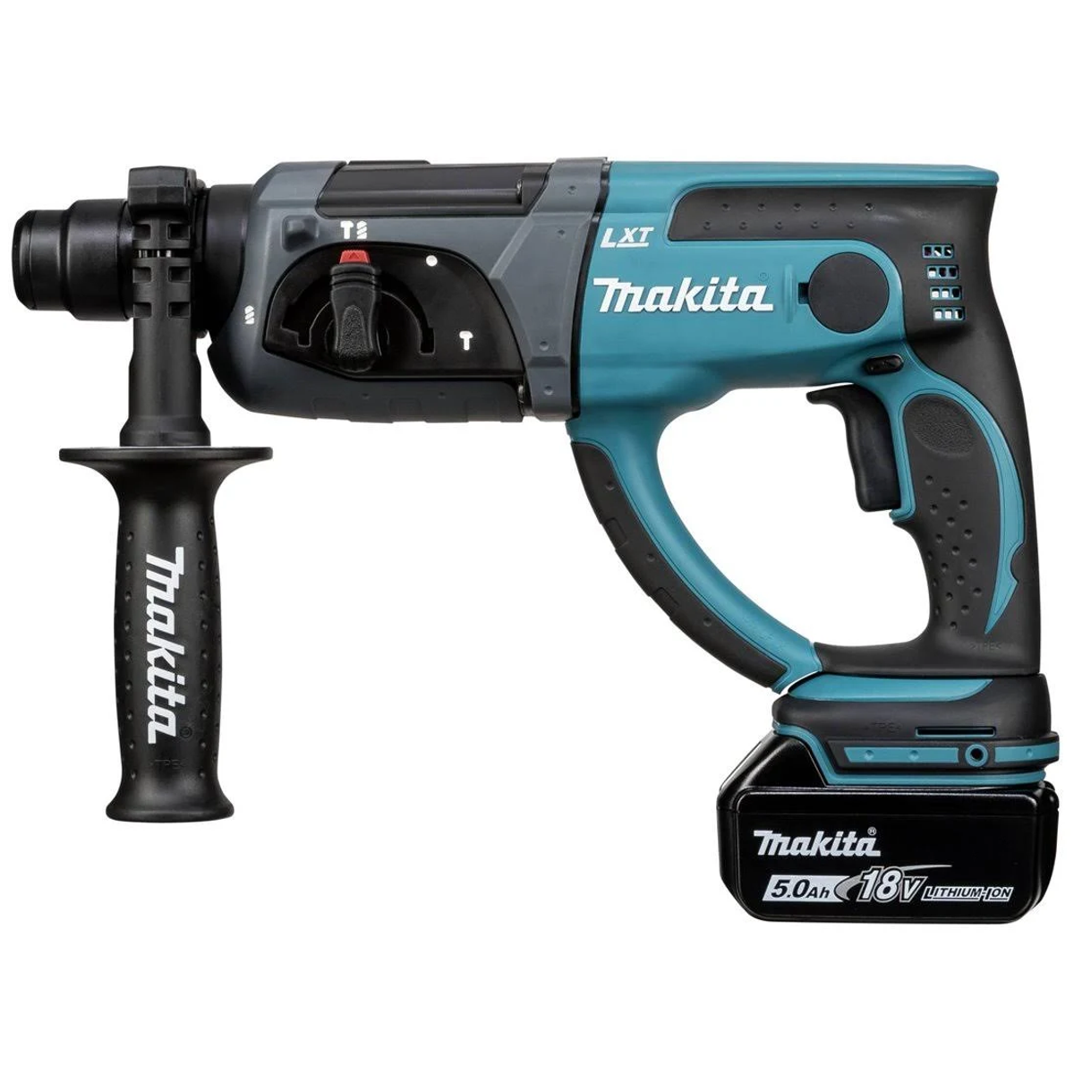 Taladro percutor rotativo Makita LXT, turquesa y gris, con mango y batería.