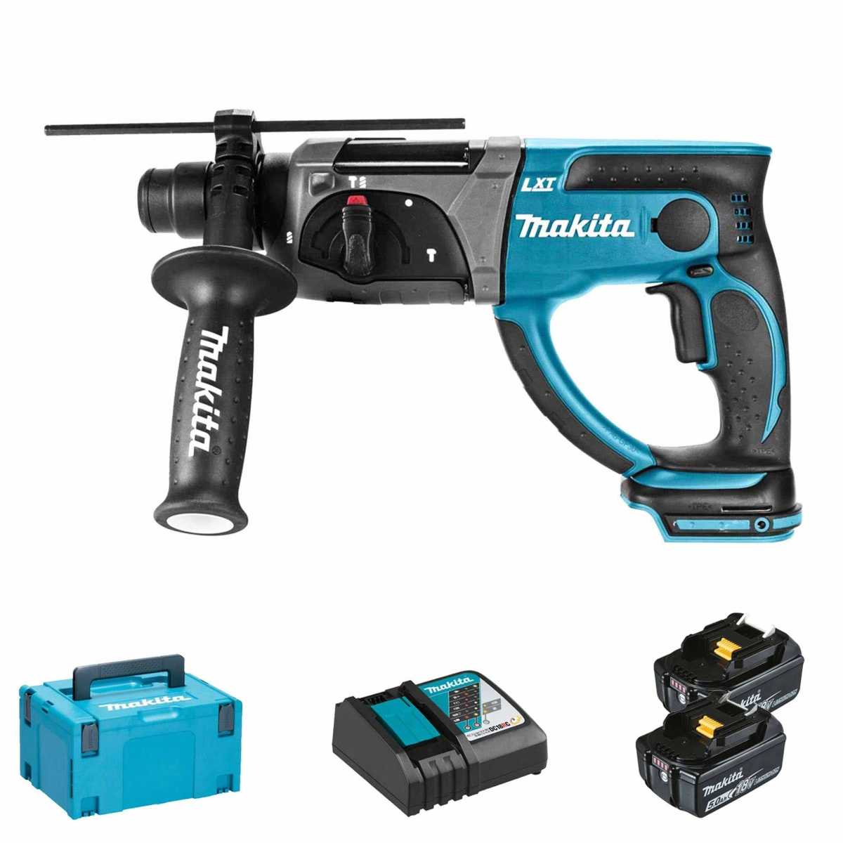 Un taladro percutor rotativo Makita LXT azul y negro con accesorios.