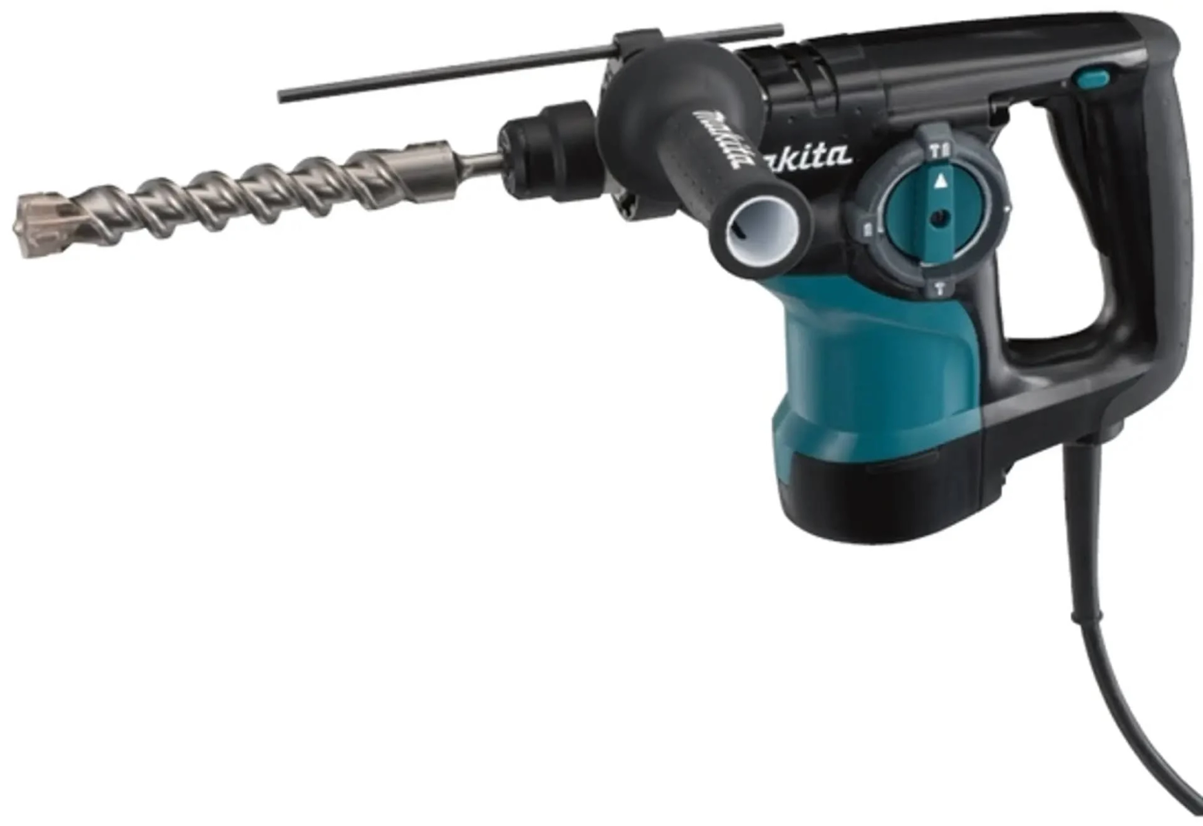 Taladro percutor Makita negro y verde azulado con una broca. Es una herramienta eléctrica.