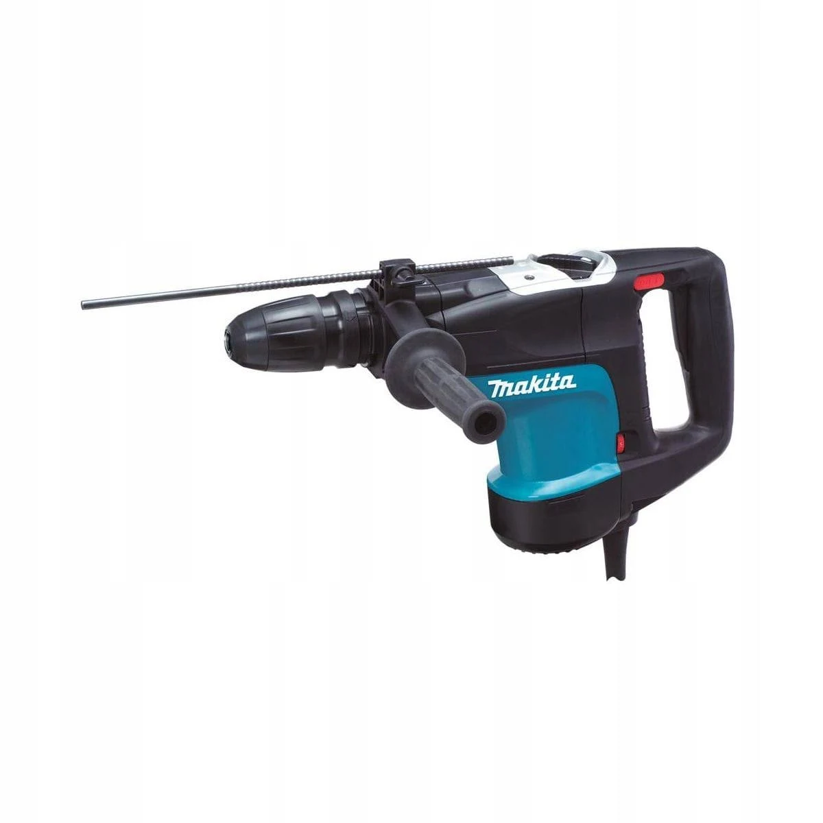 Martillo rotativo Makita, negro y turquesa. Herramienta aislada sobre fondo blanco.