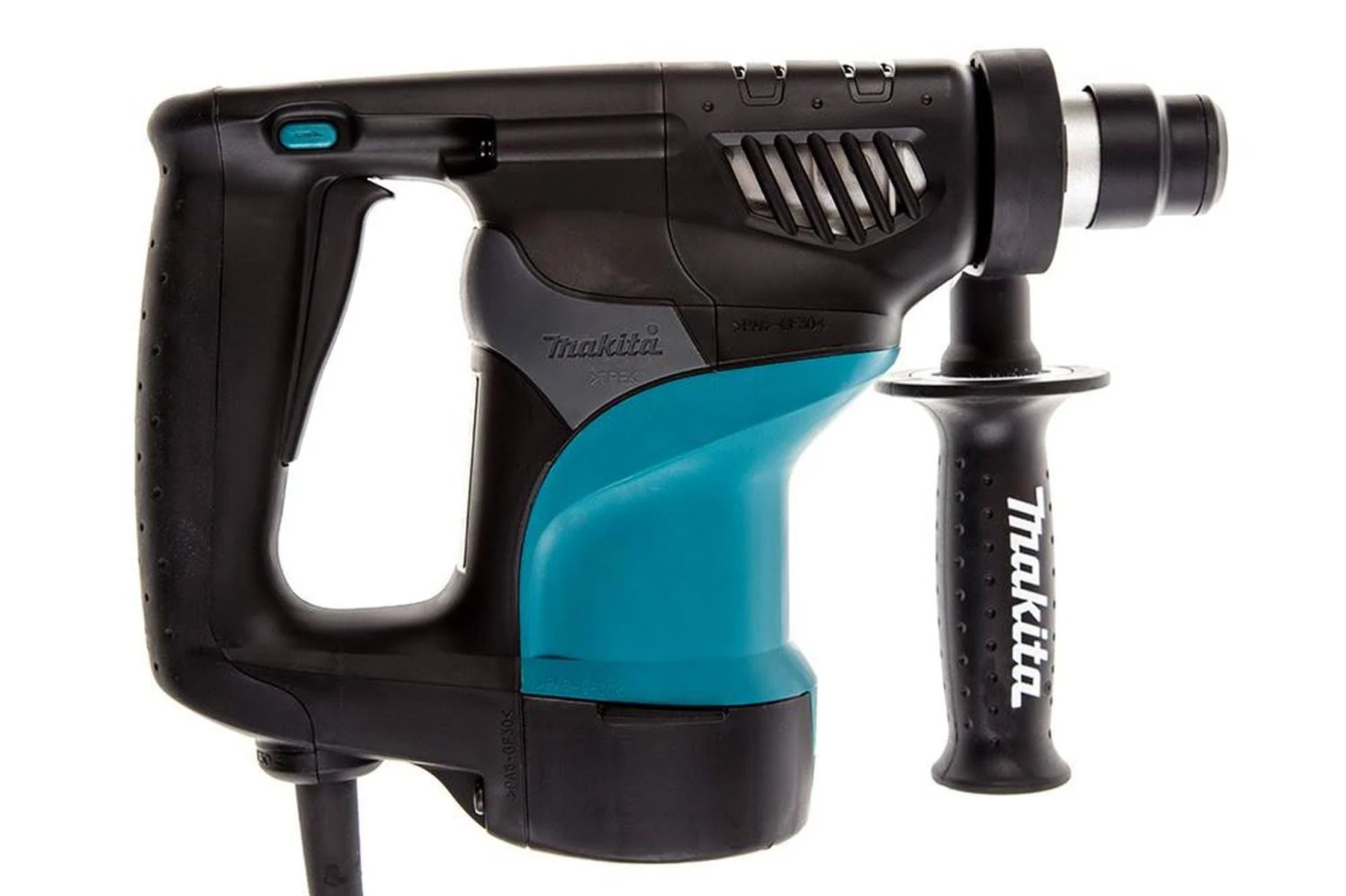 Un martillo rotatorio Makita turquesa y negro. El mango es negro y el taladro tiene un cable negro.
