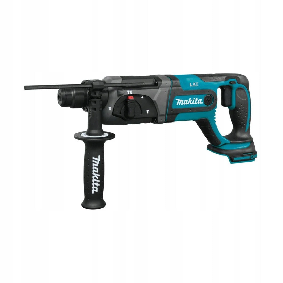 Un martillo rotativo Makita negro y turquesa está aislado sobre un fondo blanco, mostrando sus detalles.
