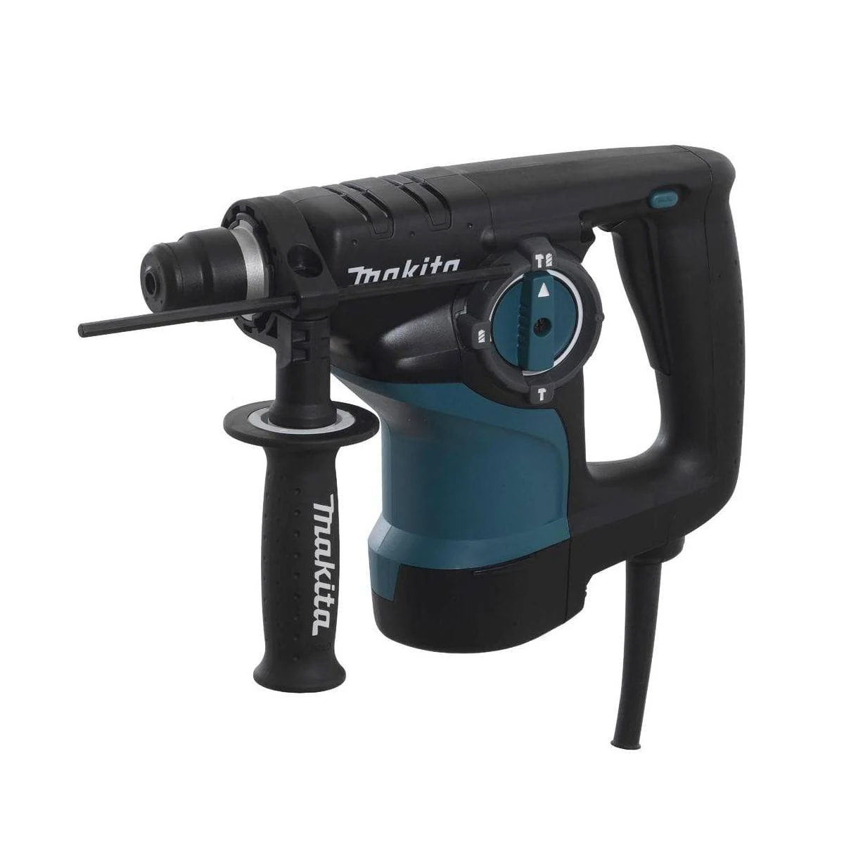 Taladro percutor rotativo Makita negro y turquesa, con mango lateral, broca y ajustes.