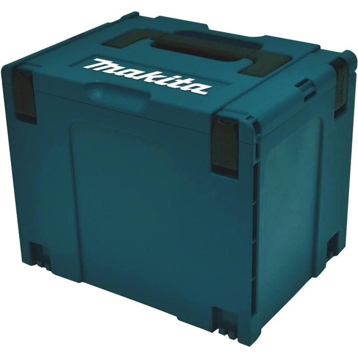 Una caja de herramientas Makita turquesa con asa negra, cerrada, sobre fondo blanco.