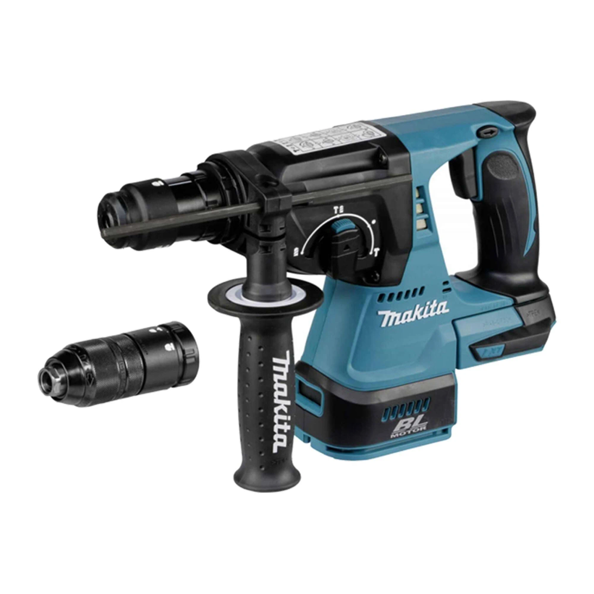 Taladro percutor Makita azul con mango y broca extra, fondo blanco.