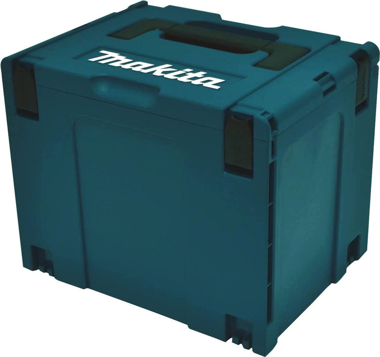 Caja de herramientas Makita de color turquesa con asa y logotipo Makita.