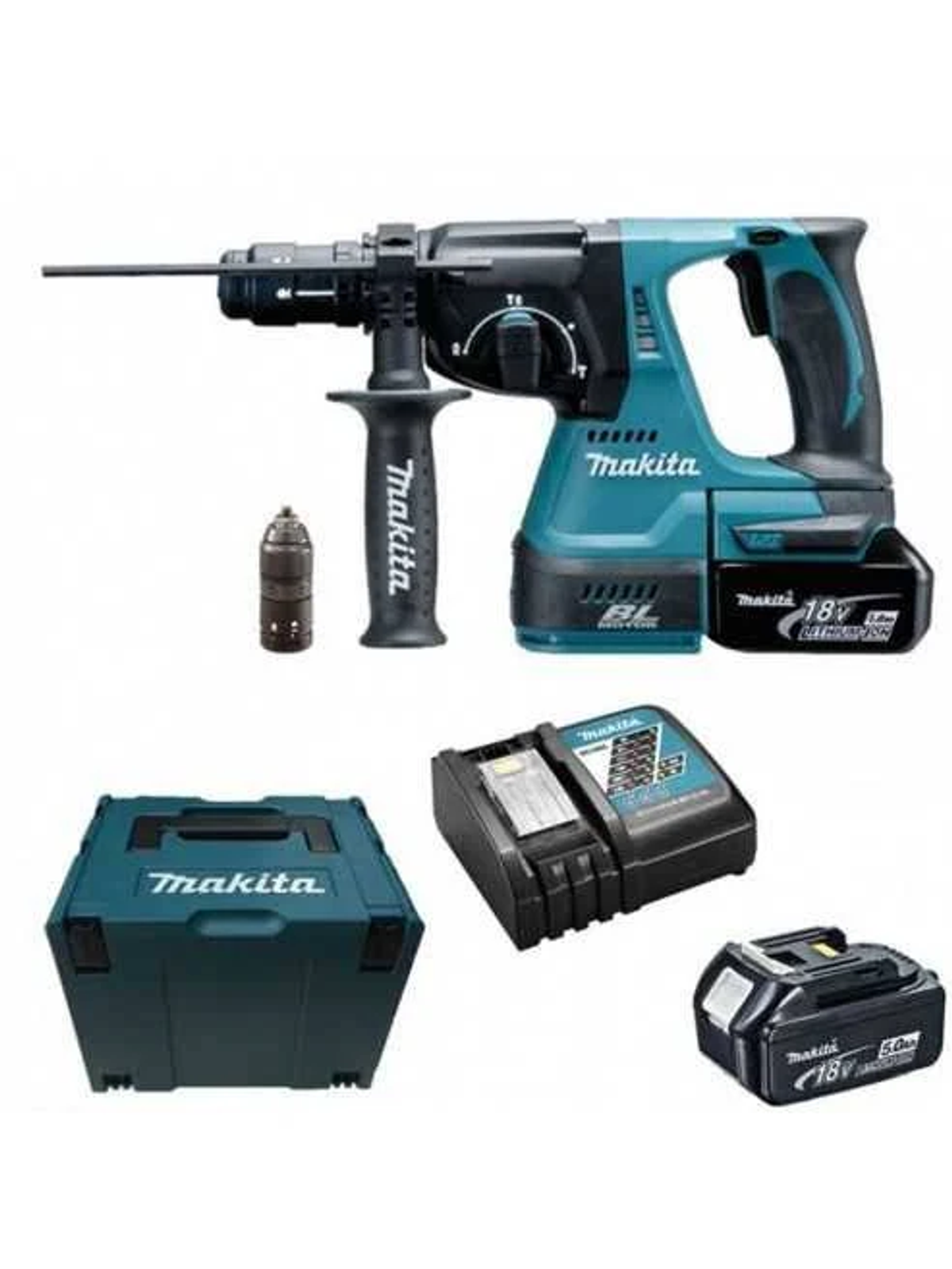 Un juego de taladro Makita y accesorios. Incluye taladro, batería, cargador y maletín. Fondo blanco.