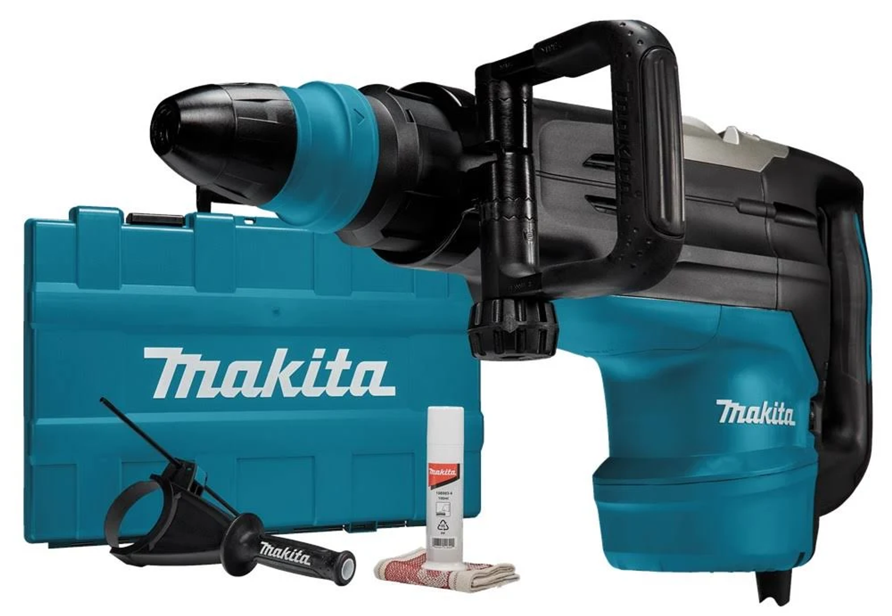 Ein türkisfarbener Makita Bohrhammer und ein blauer Koffer mit zusätzlichem Zubehör auf weißem Hintergrund.