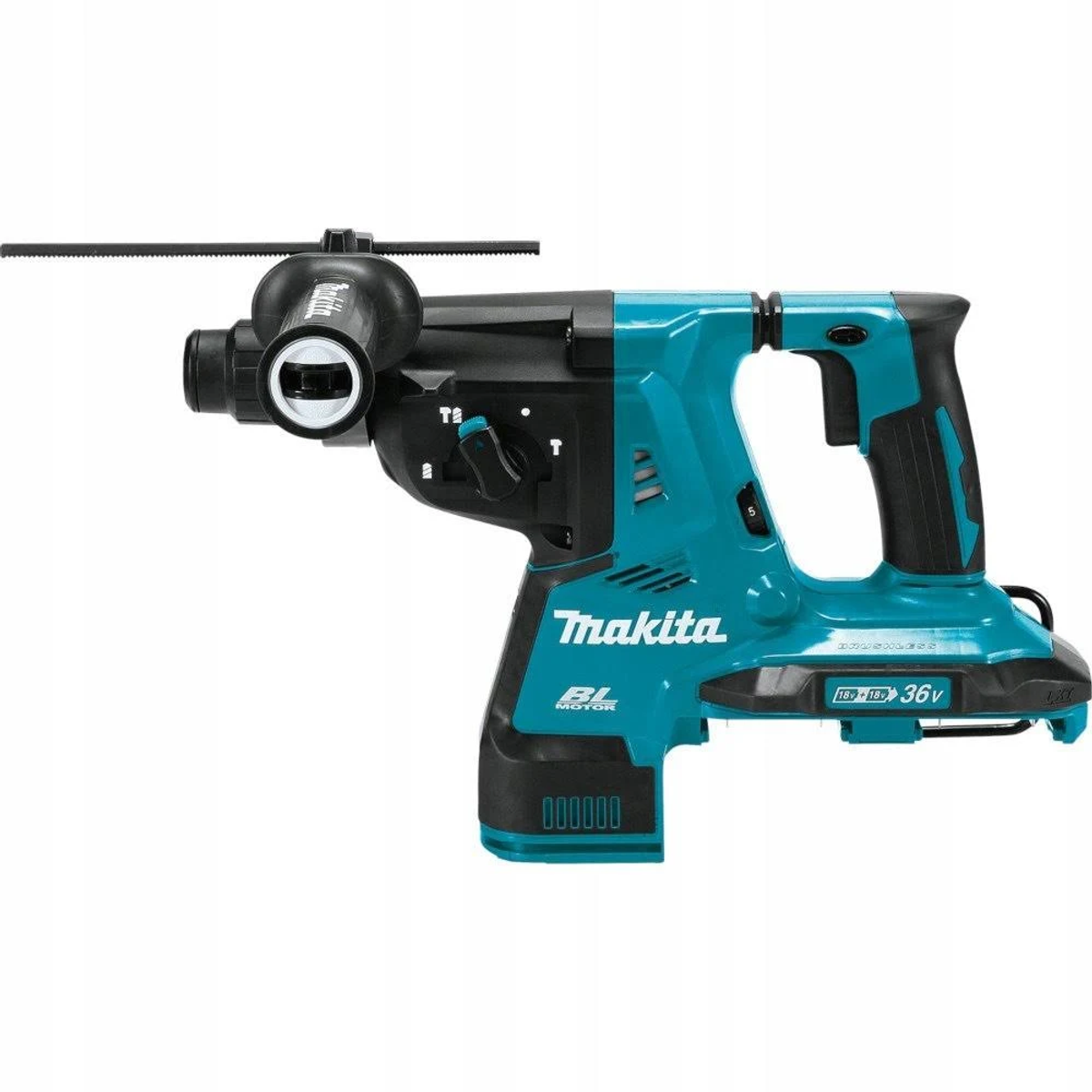 Una herramienta eléctrica Makita azul y negra con un mango largo. Tiene una batería adjunta.