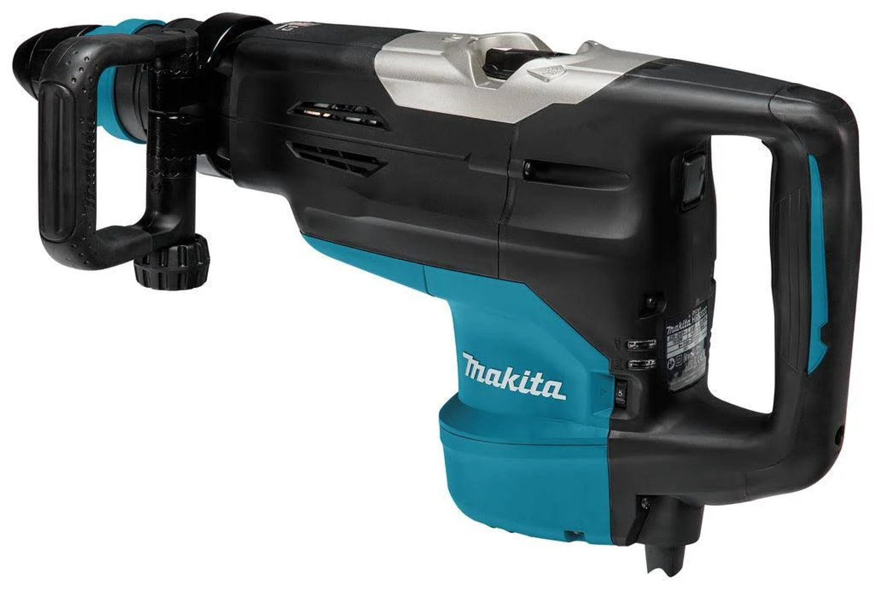 Ein Makita Abbruchhammer, blau und schwarz, mit Griff, auf weißem Hintergrund.