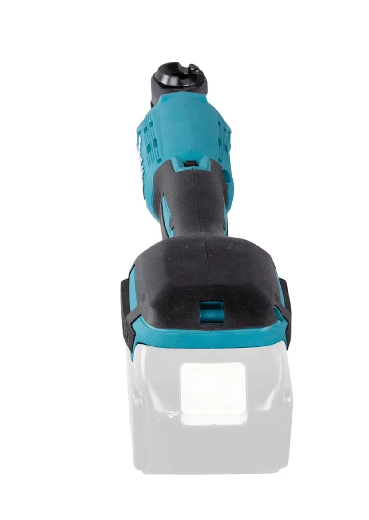 Akumulatorowa piła szablasta Makita, turkusowo-czarna, białe tło, bateria.