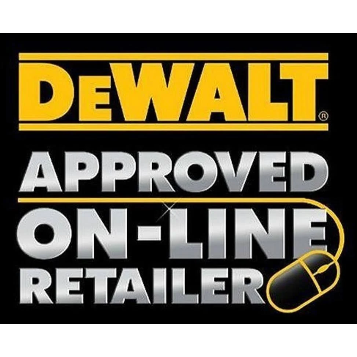 Logotipo de DEWALT con texto de minorista en línea aprobado y un ratón de computadora.