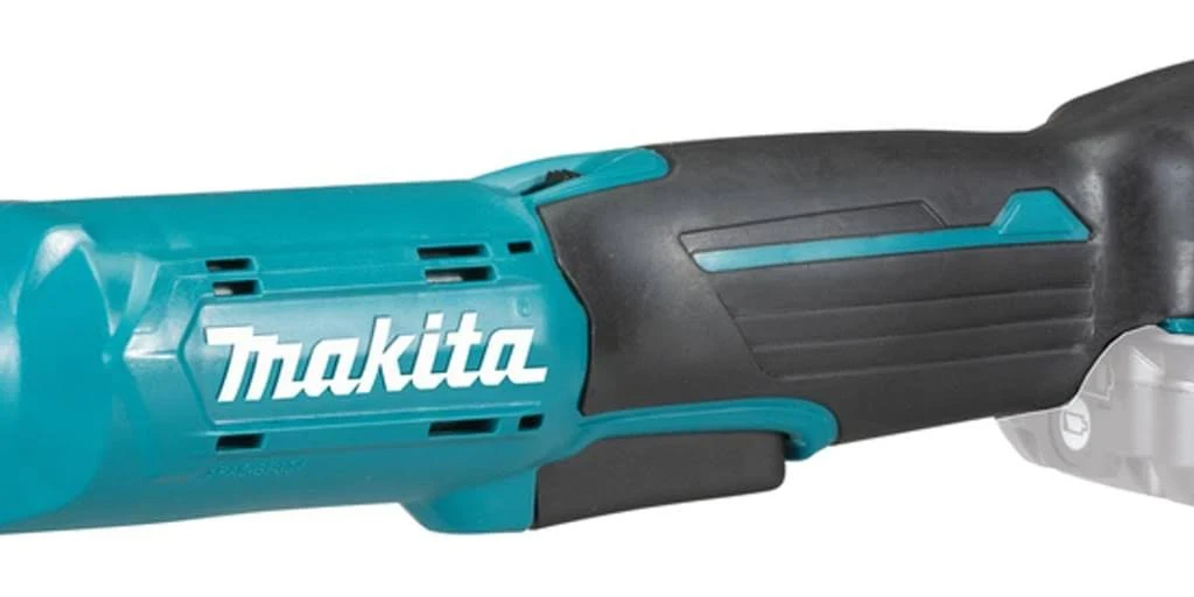 Primer plano de una herramienta Makita turquesa, que muestra el lateral con el nombre de la empresa y un mango negro.