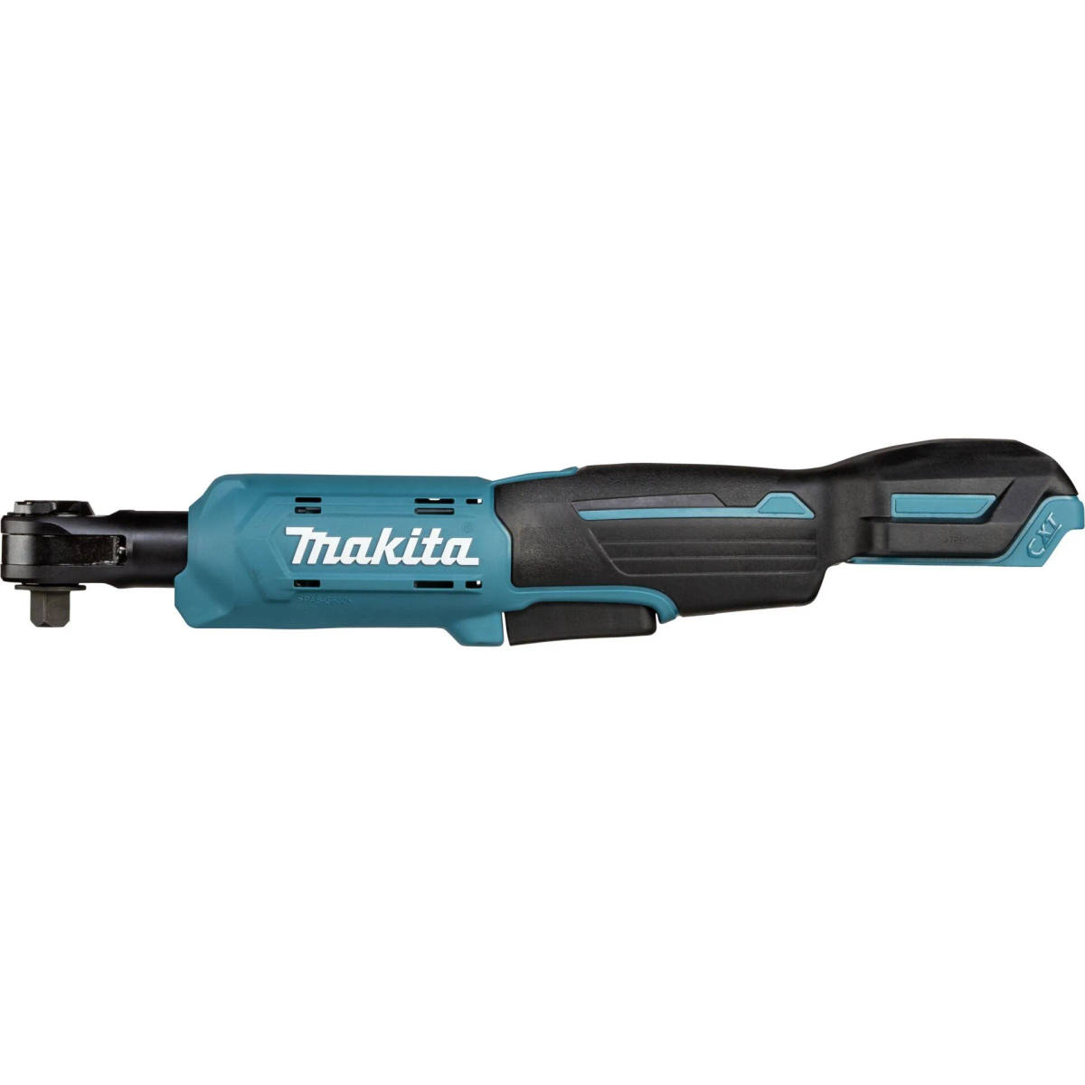 Llave de carraca Makita turquesa y negra. La herramienta está sobre fondo blanco.
