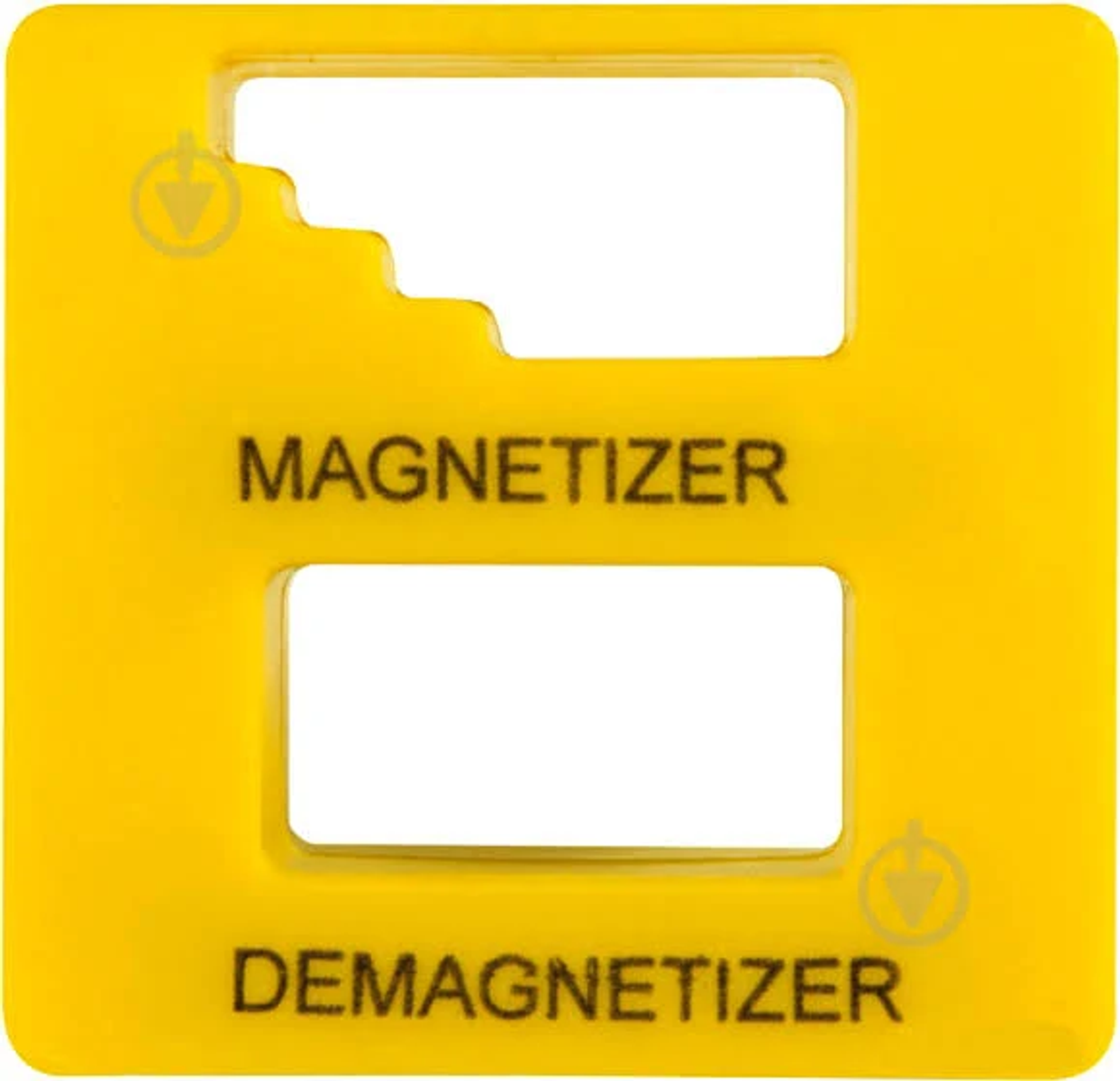 Herramienta de plástico amarilla. Tiene dos recortes rectangulares con texto.