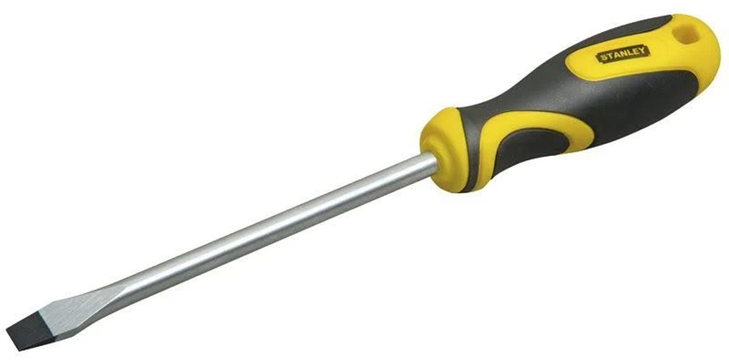 Destornillador Stanley amarillo y negro con cabeza plana.