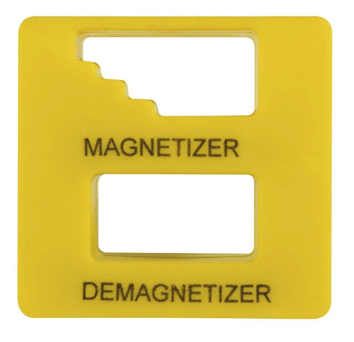 Herramienta de plástico amarilla con etiquetas 'MAGNETIZER' y 'DEMAGNETIZER'.